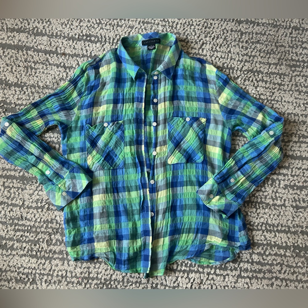 Sanctuary Boyfriend Shirt Large Blue Green Plaid Button Front Casual Long Sleeve